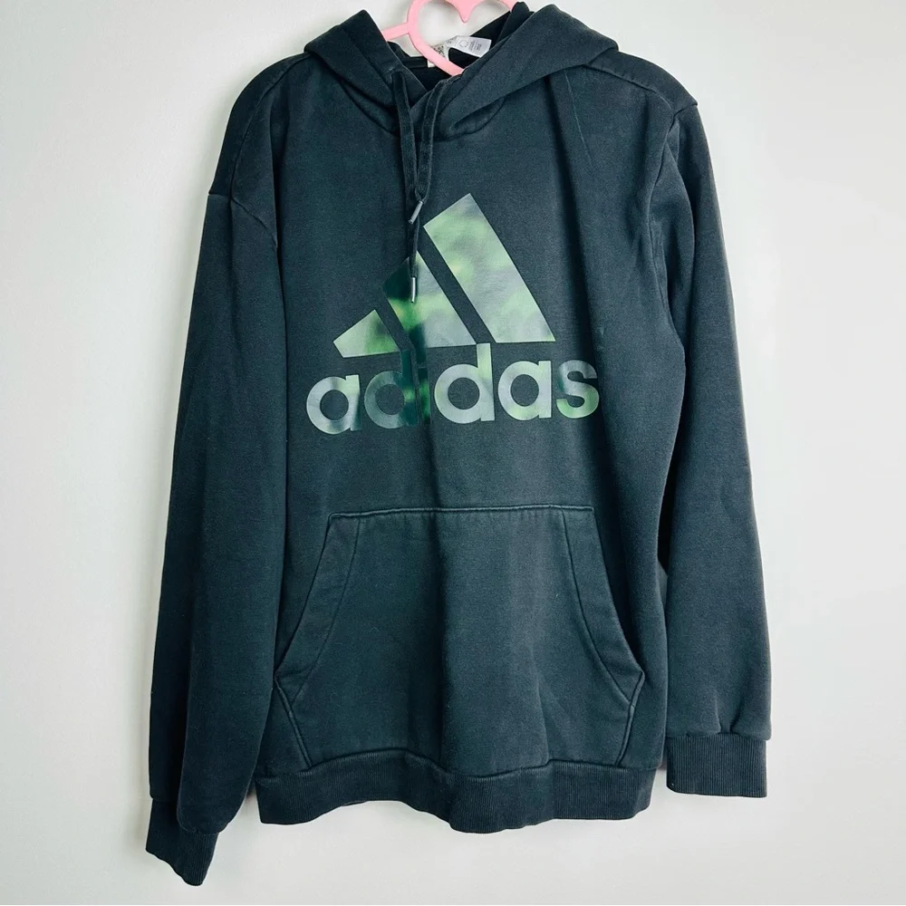 Adidas Men's Black and Green Camouflage Logo Printed French Terry Hoodie